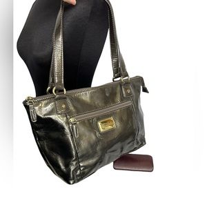 Mark Fisher Faux Gray Metallic Leather Shoulder Tote Satchel Bag